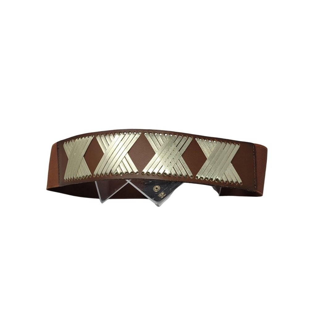 Vtg Express Western Wide Brown‎ Leather Stretch Waist Belt Sz S/M Gold Weave